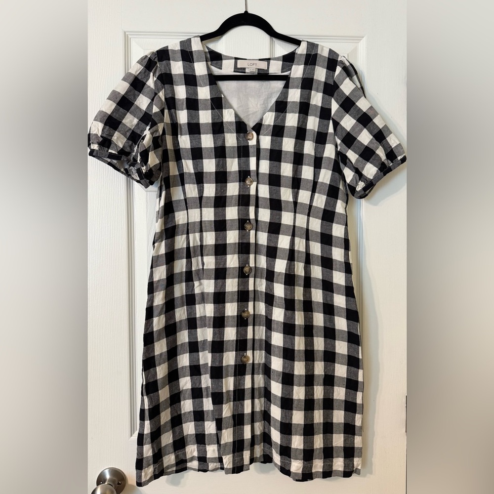 Loft Black and White Checkered Linen/Cotton Button Up Dress, 12